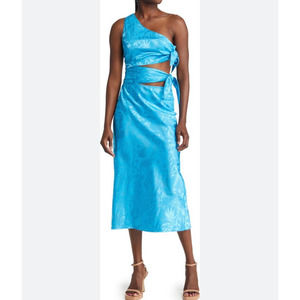 Wayf Womens Untouchable Dress Blue Jacquard Floral Midi One Shoulder XL New